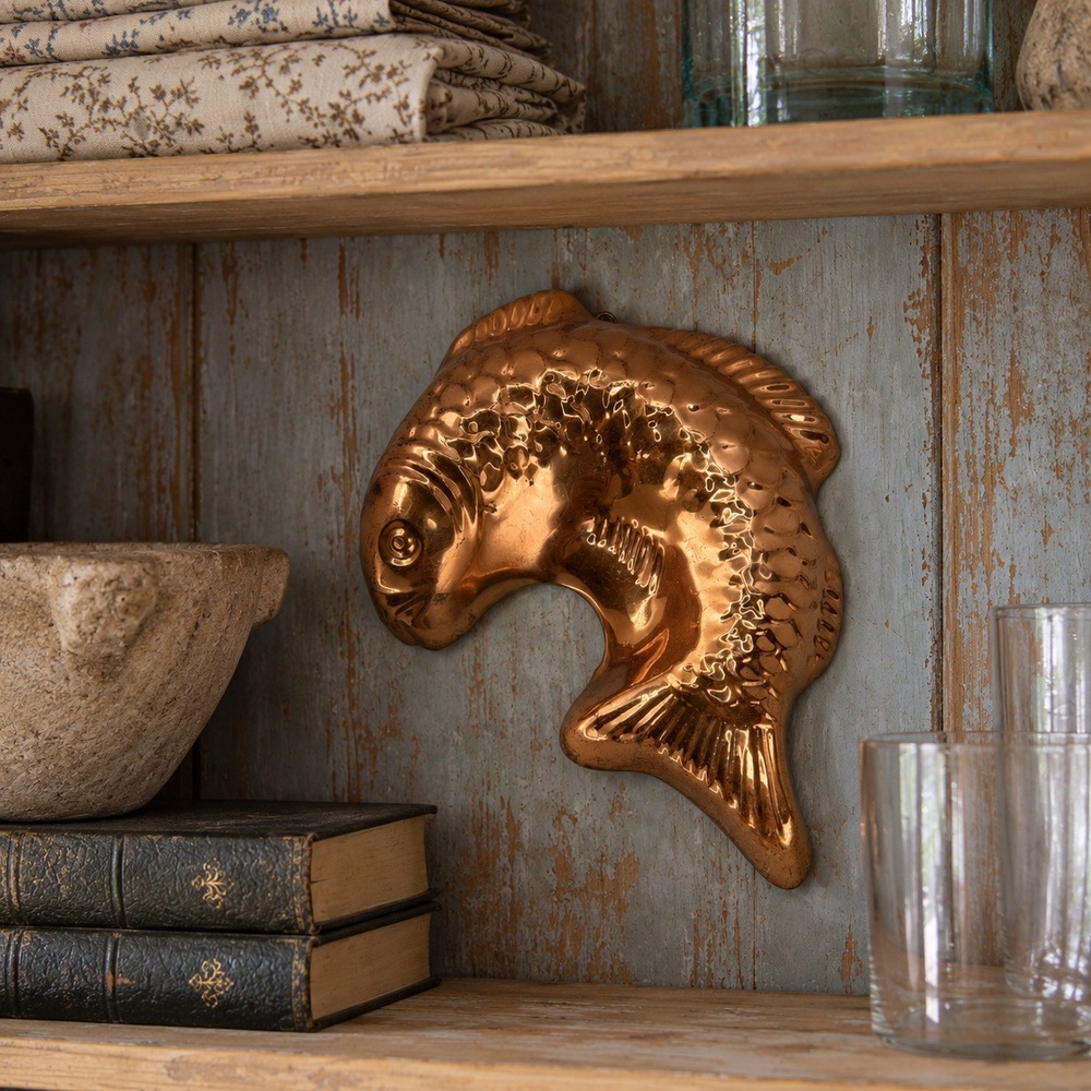 Vintage Copper Tone Fish Mold, Embossed Kitchen Wall Decor, 9 Inch